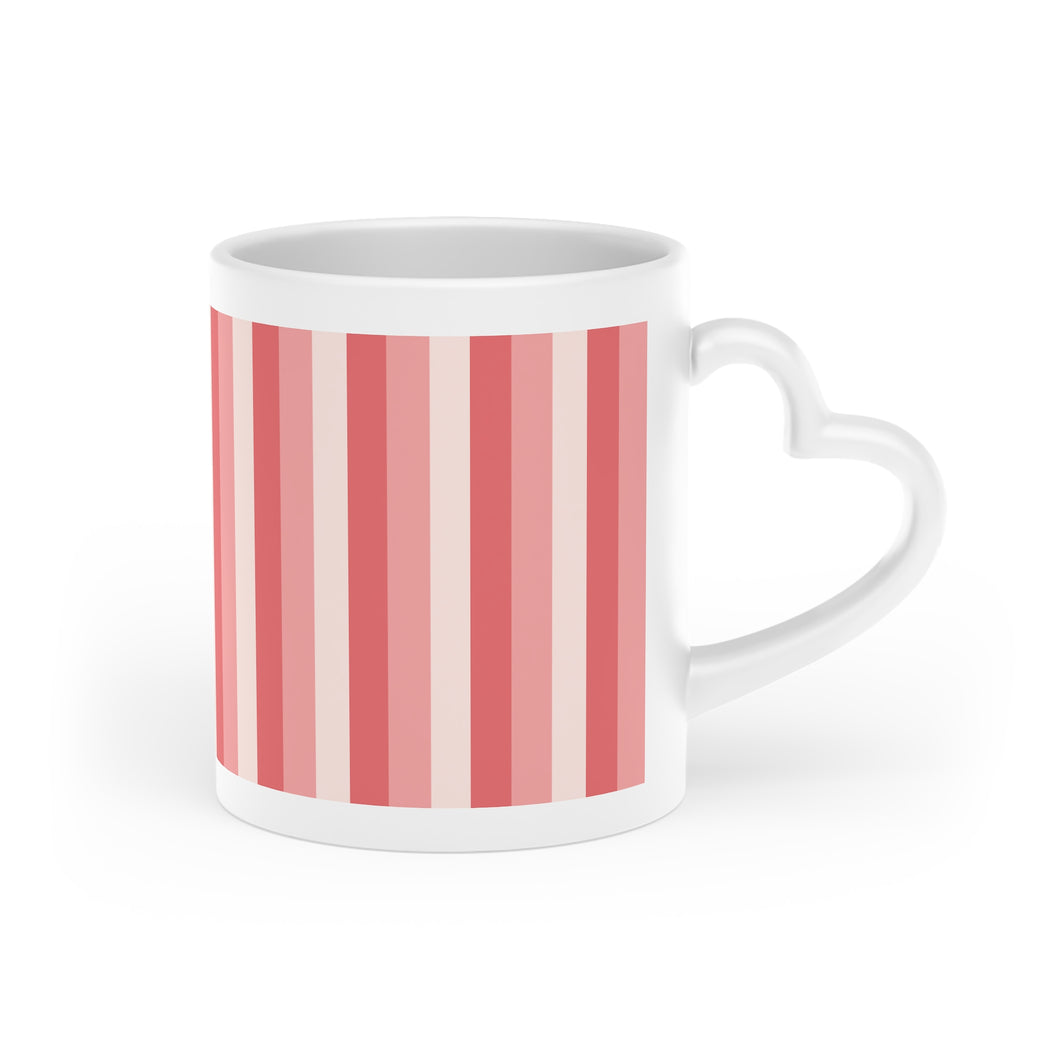 Rose Pink Striped Mug With Heart Handle, 11 Oz