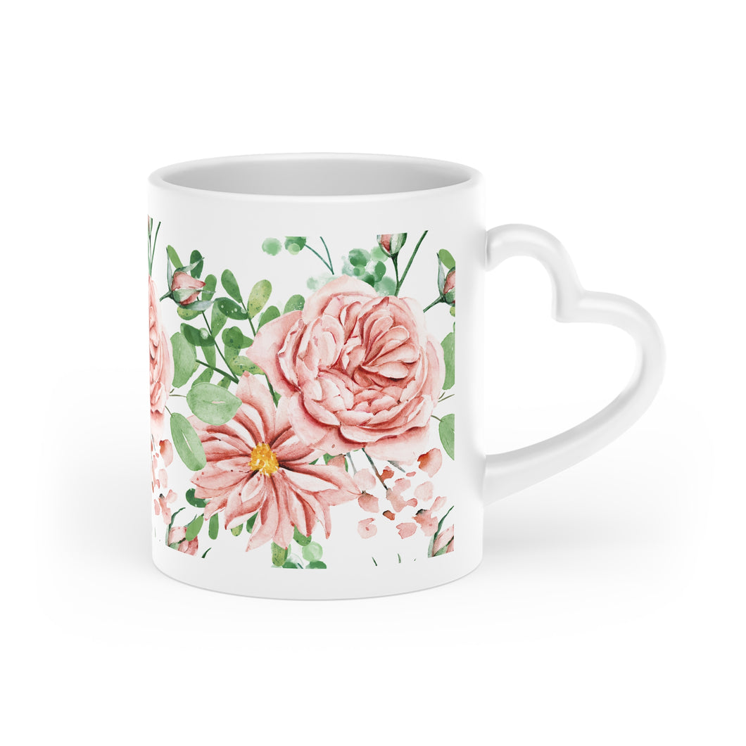 Pink English Rose Mug With Heart Handle, 11 Oz