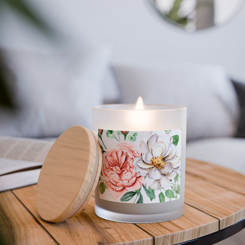 English Rose Frosted Glass Candle, Wooden Wick, 11 oz