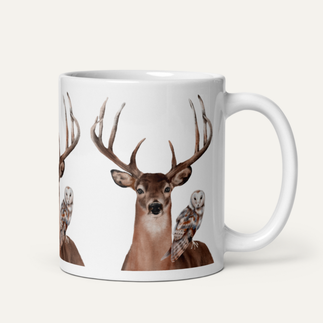 Stag & Barn Owl White Glossy Mug