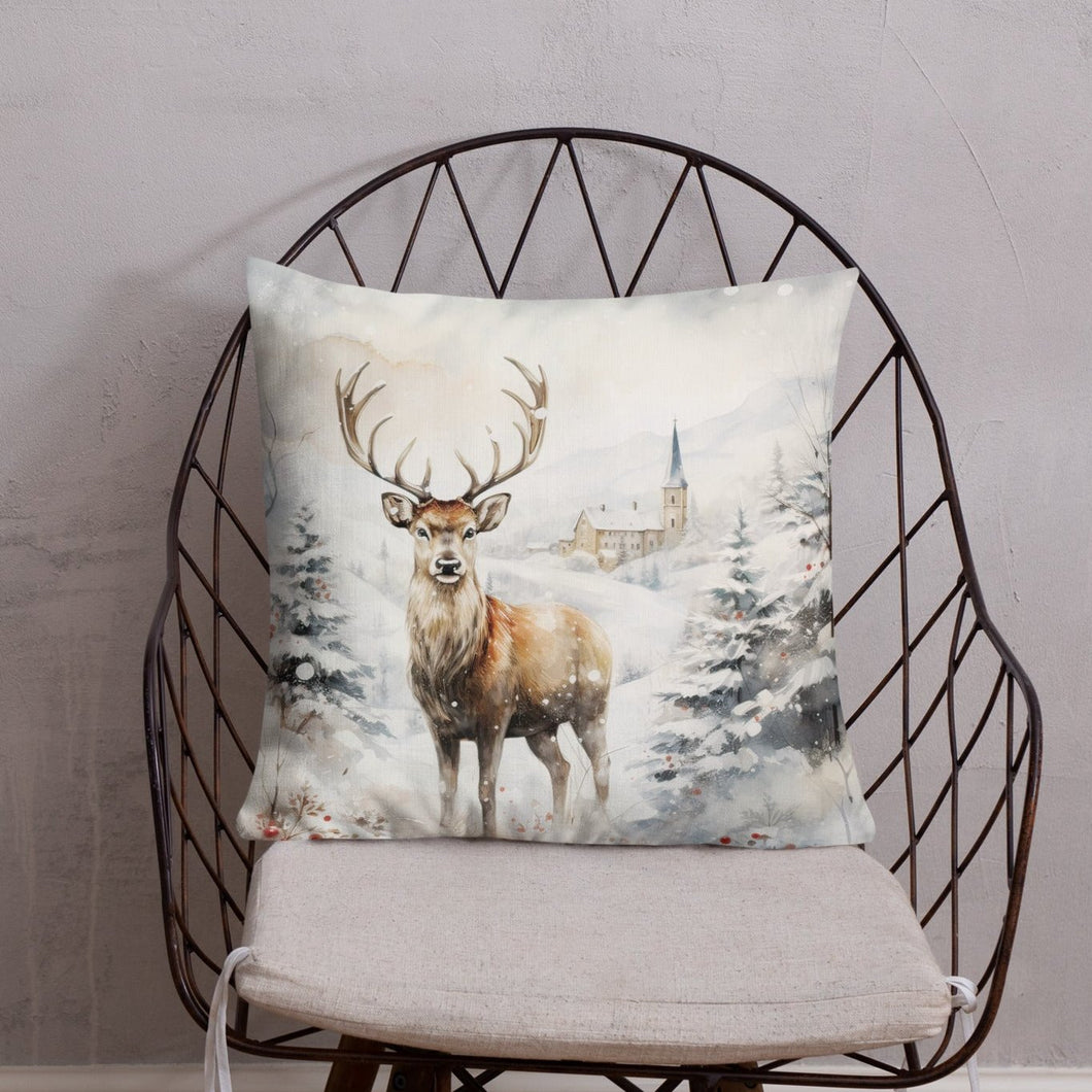 Neutral Winter Wonderland Stag Cushion, Linen Feel Material, 18 x 18 Inches