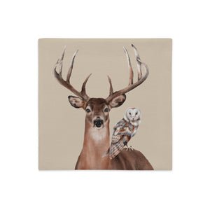 Beige Stag & Barn Owl Cushion Cover, 18" x 18"