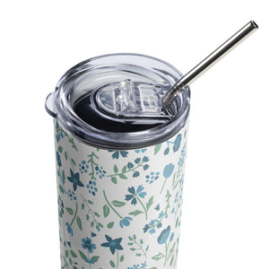 Blue Floral Stainless Steel Tumbler With Straw
