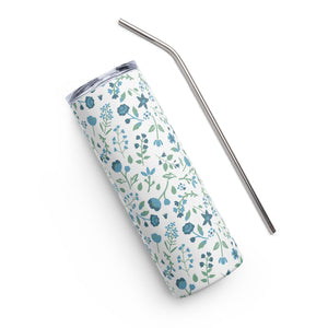 Blue Floral Stainless Steel Tumbler With Straw